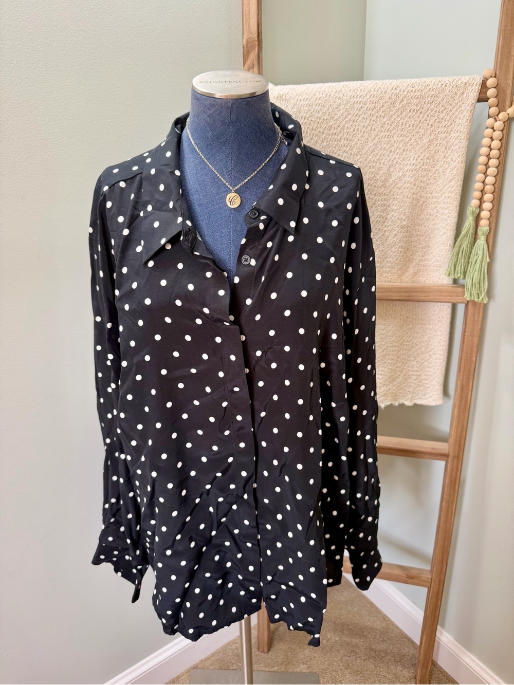 A New Day Black White Polka Dot Button Down Long Sleeve Blouse Size 3x NWT